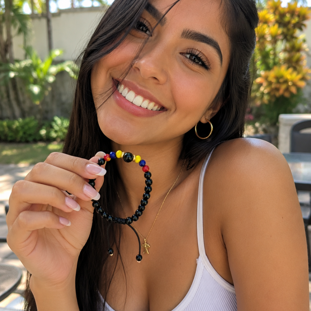 Handmade Colombian Flag Bracelet | Adjustable Black Beaded Bracelet | Unisex Artisan Jewelry