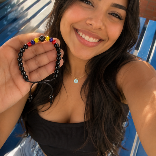 Handmade Colombian Flag Bracelet | Adjustable Black Beaded Bracelet | Unisex Artisan Jewelry