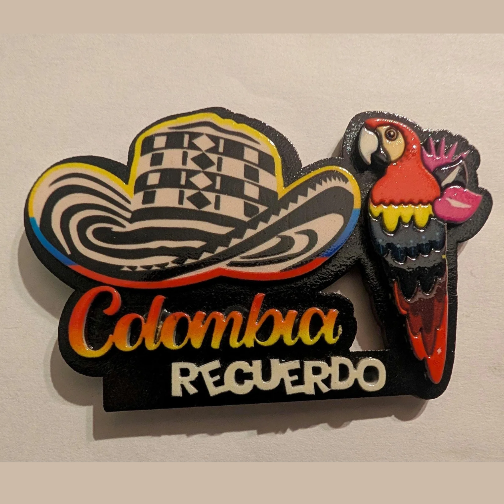 Colombia Souvenir Magnet – MDF Fridge Magnet with Sombrero Vueltiao and Colorful Parrot