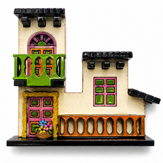 Handmade Colombian Two-Story House Magnet – 3D Wooden Fridge Souvenir with Balcony and Flowers