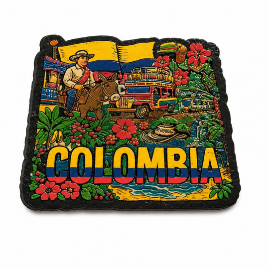 Colombia Souvenir Magnet – Colorful MDF Fridge Magnet with Chiva, Farmer &amp; Tropical Flowers