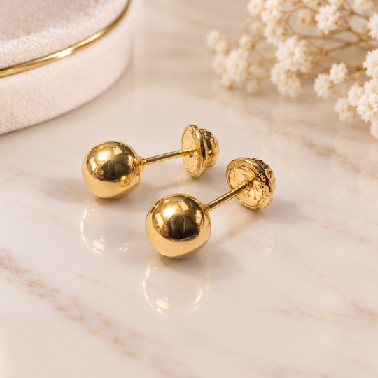 18K gold ball stud earrings, classic minimalist fine gold jewelry