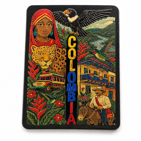 Colombia Souvenir Magnet – MDF Fridge Magnet with Jaguar, Indigenous Woman, Andean Condor &amp; Chiva Bus