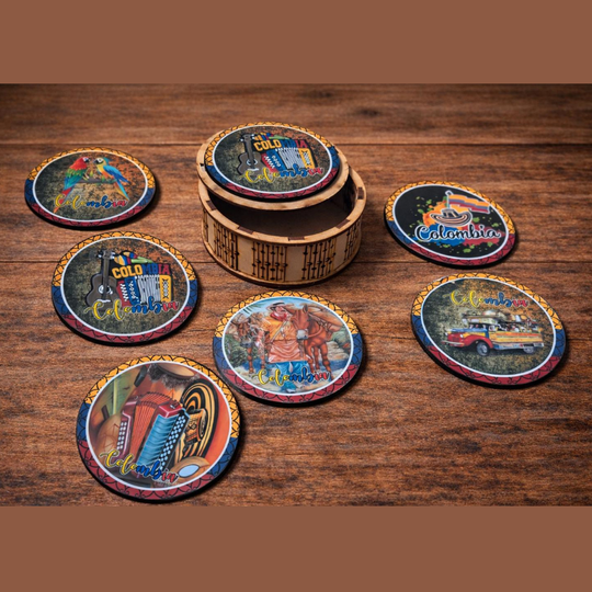 Colombian Coasters Set | Cultural Drink Coasters with Holder – Coffee Table Decor Gift