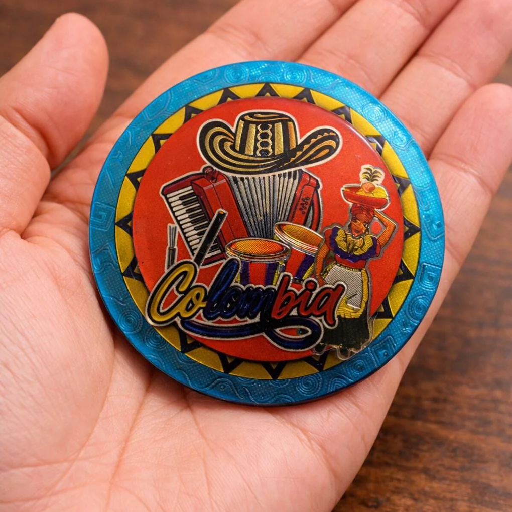 Colombia 3D Magnet – Handmade MDF Fridge Magnet with Accordion, Drums &amp; Sombrero Vueltiao