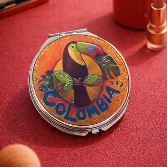 Handcrafted Colombian Makeup Mirror Chiva Truck and Tropical Bird Beauty Accessory