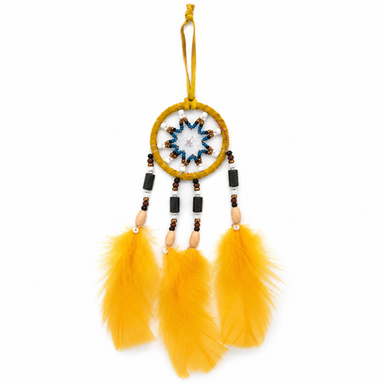 Handmade Colombian Dreamcatcher | Evil Eye Protection | Boho Wall Hanging | Spiritual Home Decor | Yellow, Blue &amp; Red Feathers