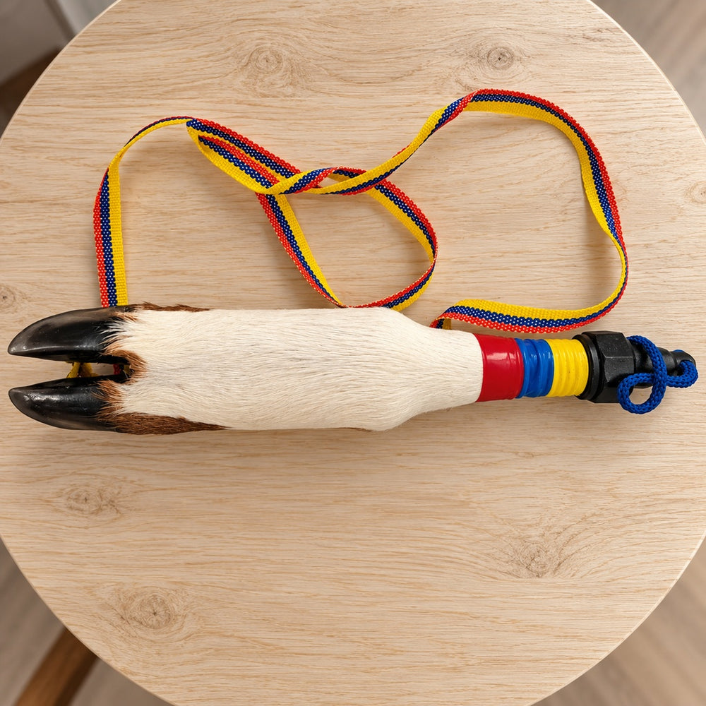 Top view of handcrafted cowhide hoof bottle with Colombian color woven strap