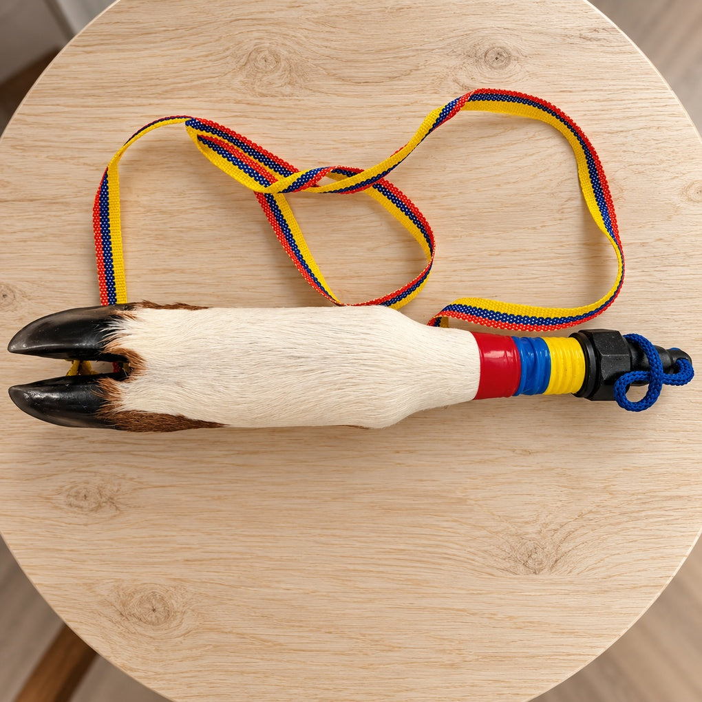Top view of handcrafted cowhide hoof bottle with Colombian color woven strap