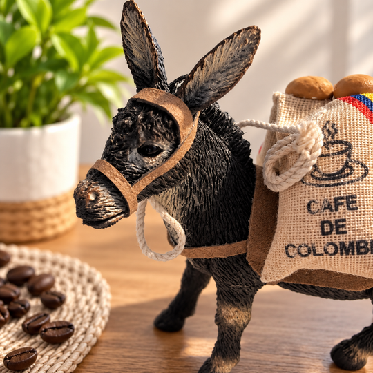 Close-up of handcrafted Colombian coffee donkey figurine