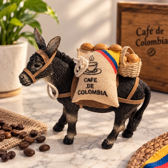 Colombian coffee donkey figurine in rustic coffee themed setting