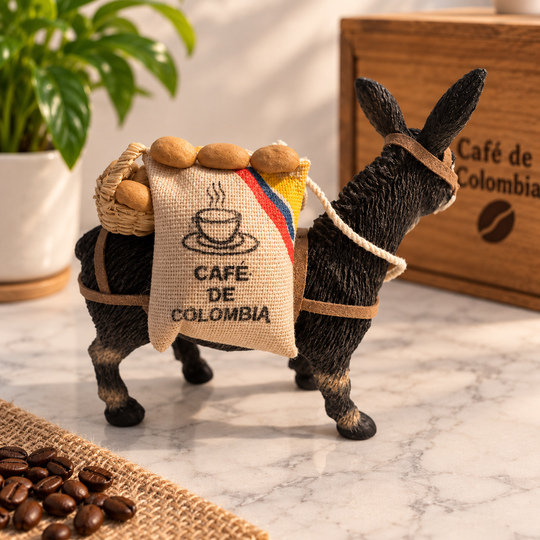Rear side view of handmade Café de Colombia donkey souvenir