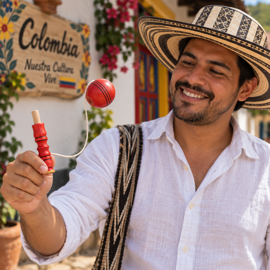 Smiling Colombian man correctly playing with a traditional red coca cup-and-ball game