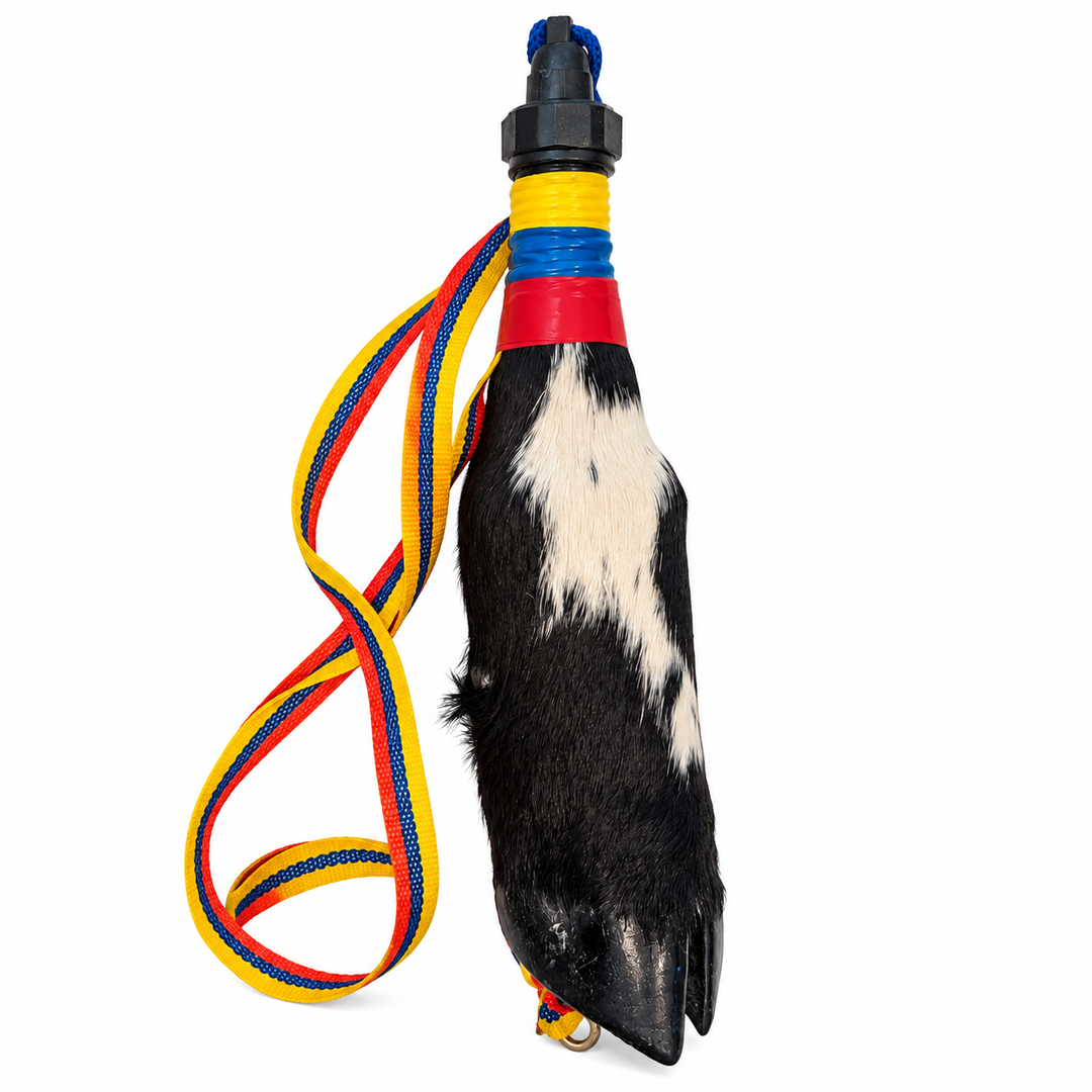 Cowhide hoof bottle upright with cap at top on white background