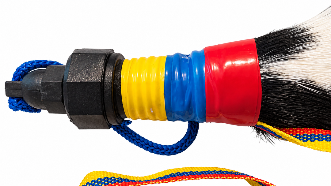 Close-up of cowhide hoof bottle cap with Colombian color bands