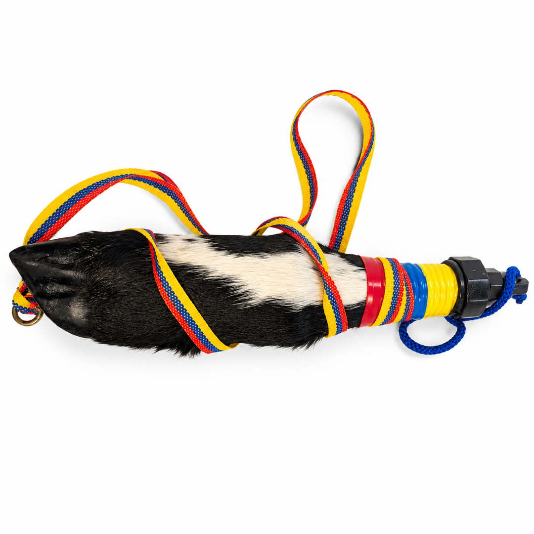 Handcrafted cowhide hoof bottle with tricolor strap, top view