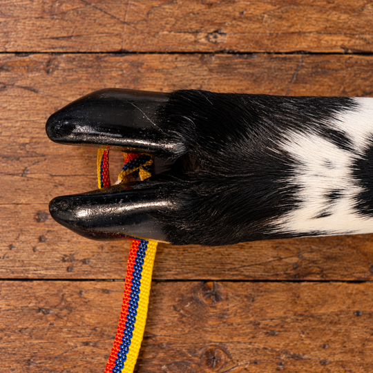 Close-up of natural cow hoof detail and Colombian woven strap