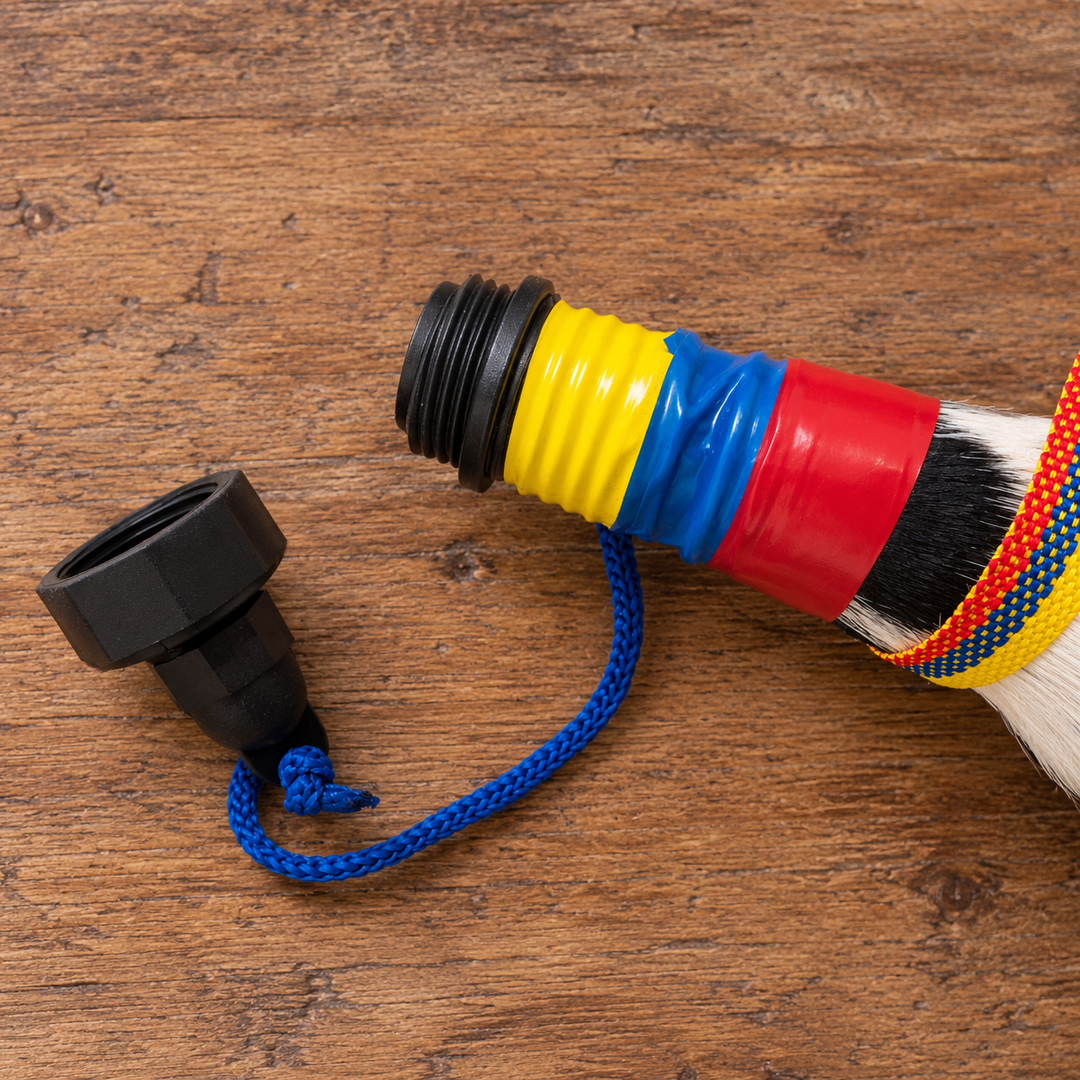 Cowhide hoof bottle displayed on artisan-style tabletop