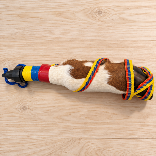 Cowhide hoof bottle with brown and white natural hair pattern