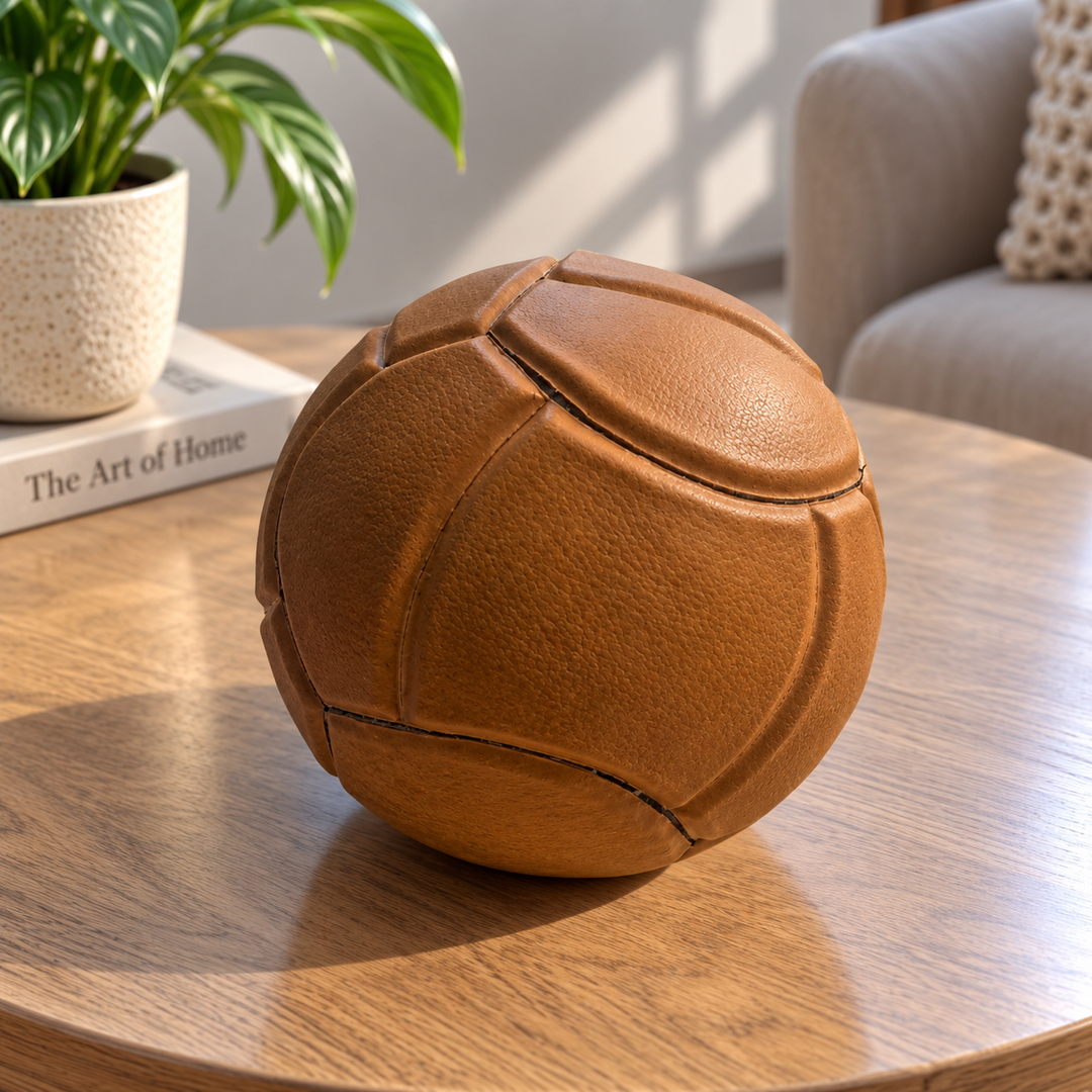 1962 collectible soccer ball handmade in Mongui, Boyaca, Colombia displayed on a wooden table