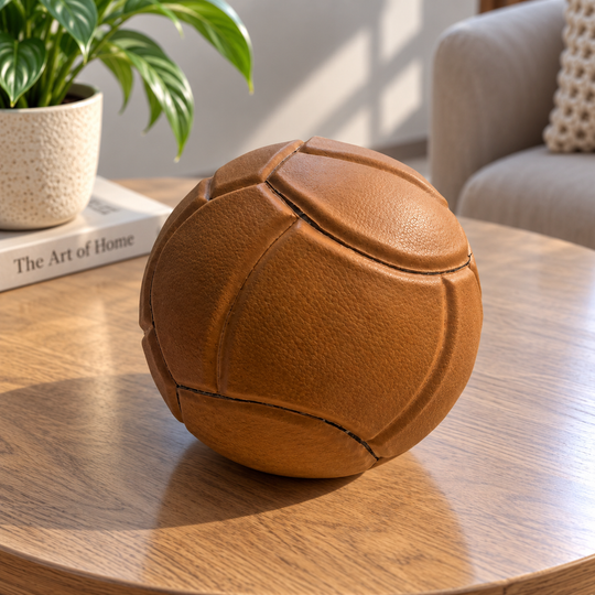 1962 collectible soccer ball handmade in Mongui, Boyaca, Colombia displayed on a wooden table