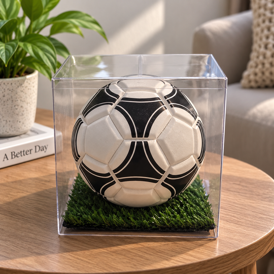 1978 collectible soccer ball handmade in Mongui, Boyaca, Colombia displayed in clear box on a wooden table