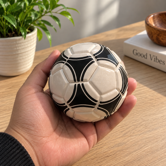 1978 collectible soccer ball handmade in Mongui, Boyaca, Colombia shown in hand for size reference