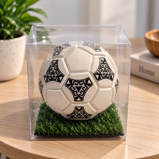 1986 collectible soccer ball handmade in Mongui, Boyaca, Colombia displayed in a clear box on a light table