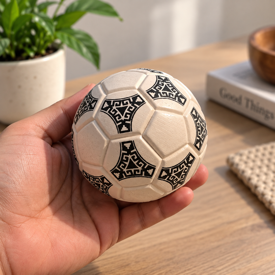 1986 collectible soccer ball handmade in Mongui, Boyaca, Colombia shown in hand for size reference