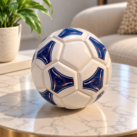 1998 collectible soccer ball handmade in Mongui, Boyaca, Colombia on a light marble table