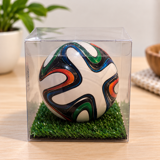 2014 colorful collectible soccer ball handmade in Mongui, Boyaca, Colombia displayed in a clear box