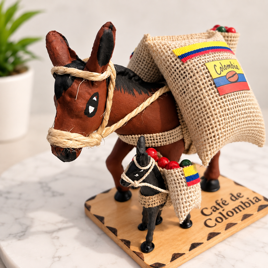 Close-up of handmade Colombian coffee mule and miniature donkey