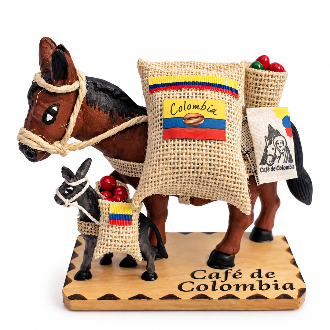 Handmade Colombian coffee mule and donkey figurine with burlap coffee sacks