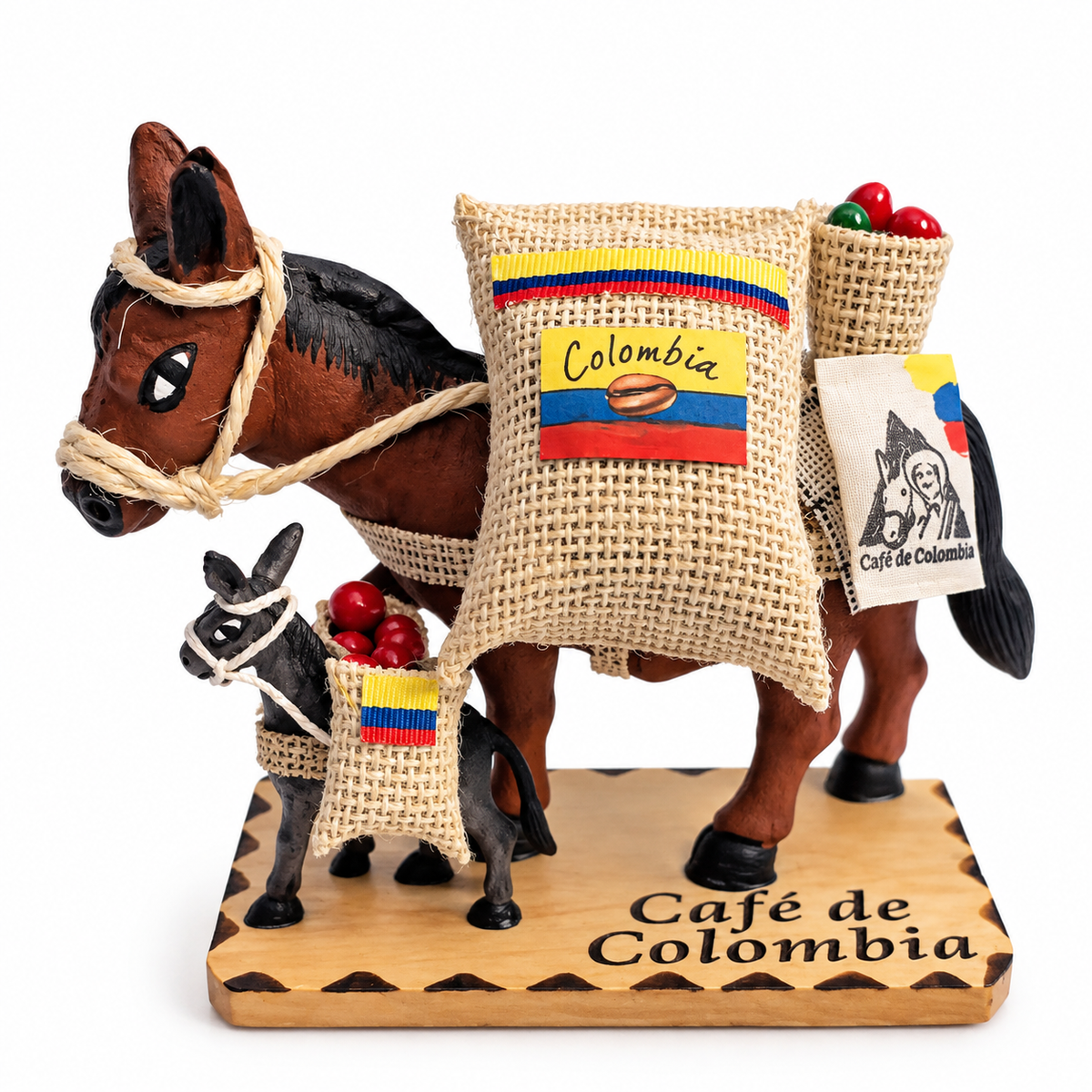 Handmade Colombian coffee mule and donkey figurine with burlap coffee sacks
