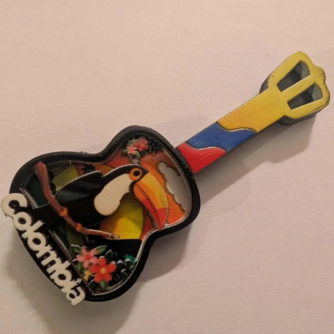Handmade Colombian 3D Guitar Magnet with Toucan or Macaw | Colorful Fridge Decor