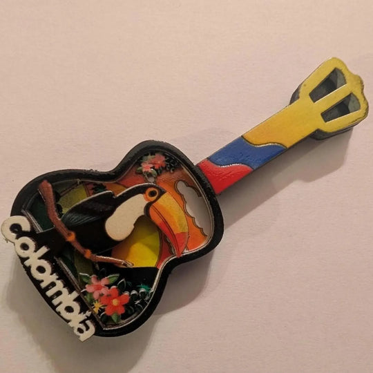 Handmade Colombian 3D Guitar Magnet with Toucan or Macaw | Colorful Fridge Decor