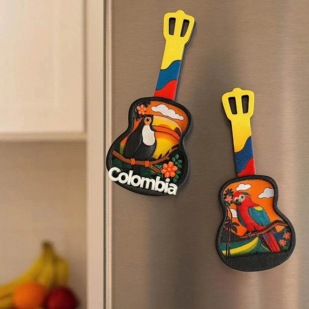 Handmade Colombian 3D Guitar Magnet with Toucan or Macaw | Colorful Fridge Decor