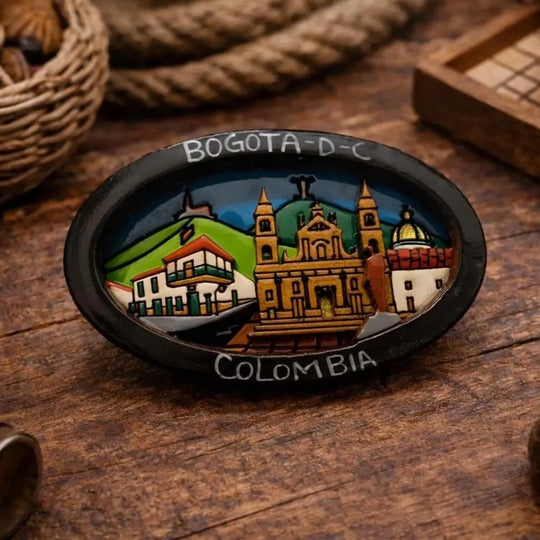 Handmade Colombian Oval Fridge Magnet | 3D Wooden Artisan Souvenir Decor