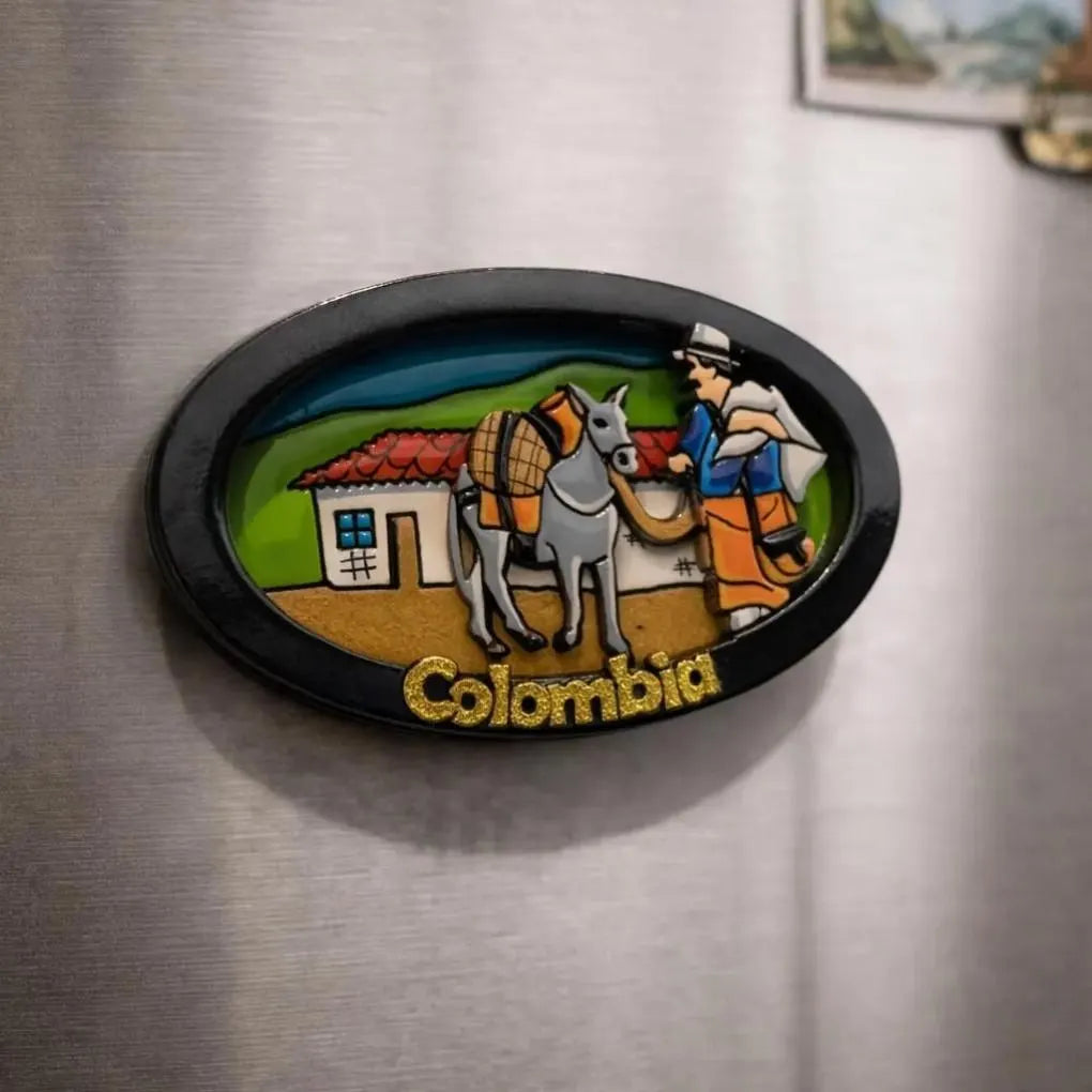 Handmade Colombian Oval Fridge Magnet | 3D Wooden Artisan Souvenir Decor