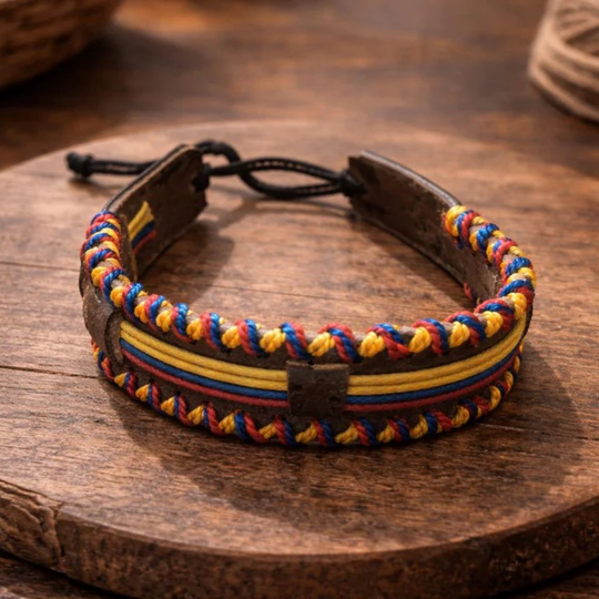 Handmade Colombian Leather Bracelet | Wide Braided Tricolor Artisan Wristband
