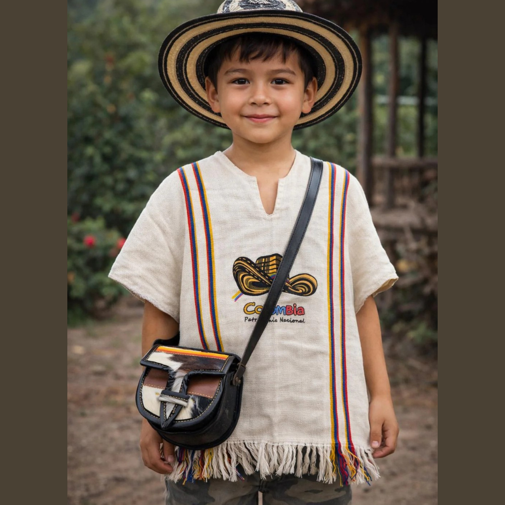 Colombian Kids Costume Outfit | Sombrero Vueltiao Hat Poncho Carriel Set | Hispanic Heritage Costume