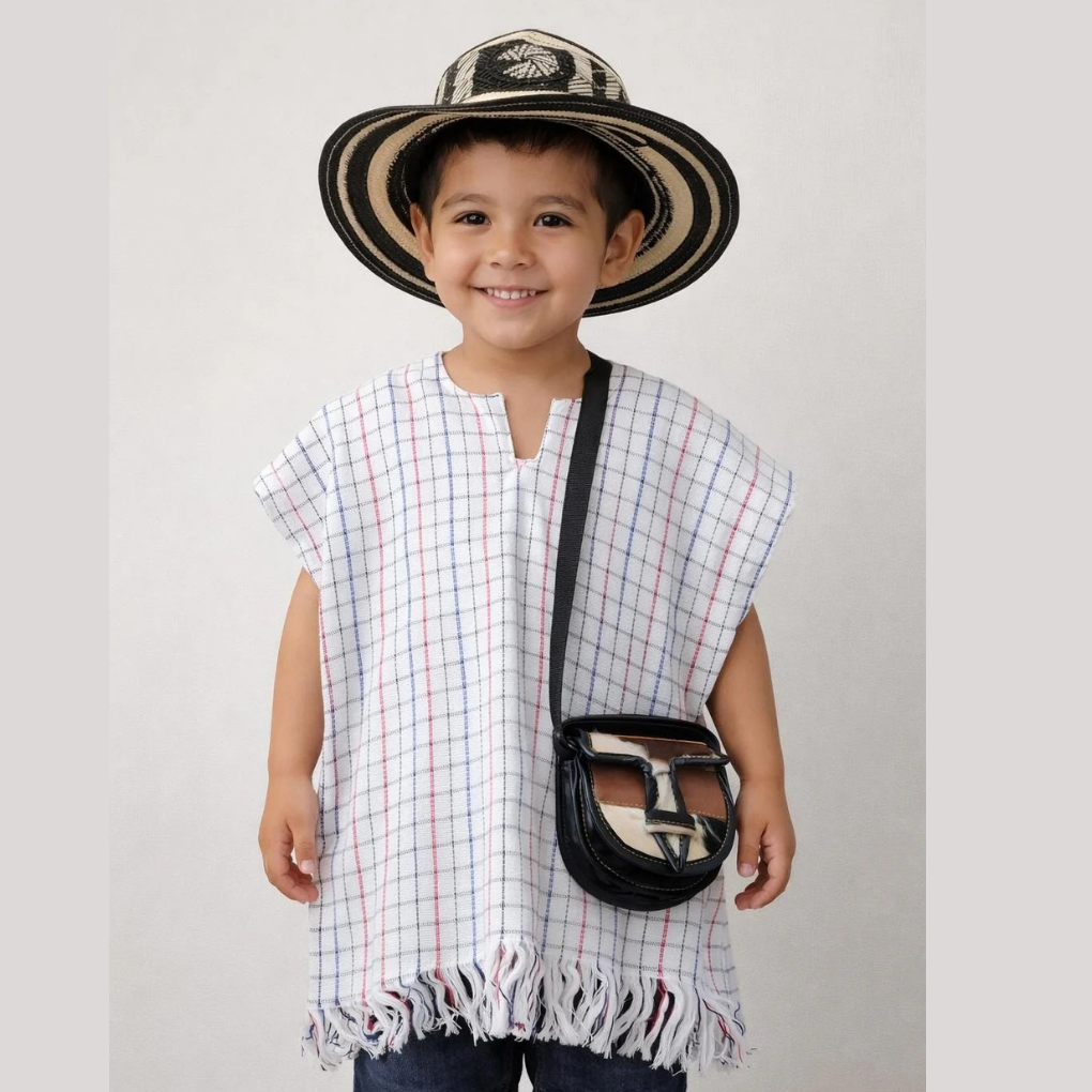Colombian Kids Costume Outfit | Sombrero Vueltiao Hat Poncho Carriel Set | Hispanic Heritage Costume