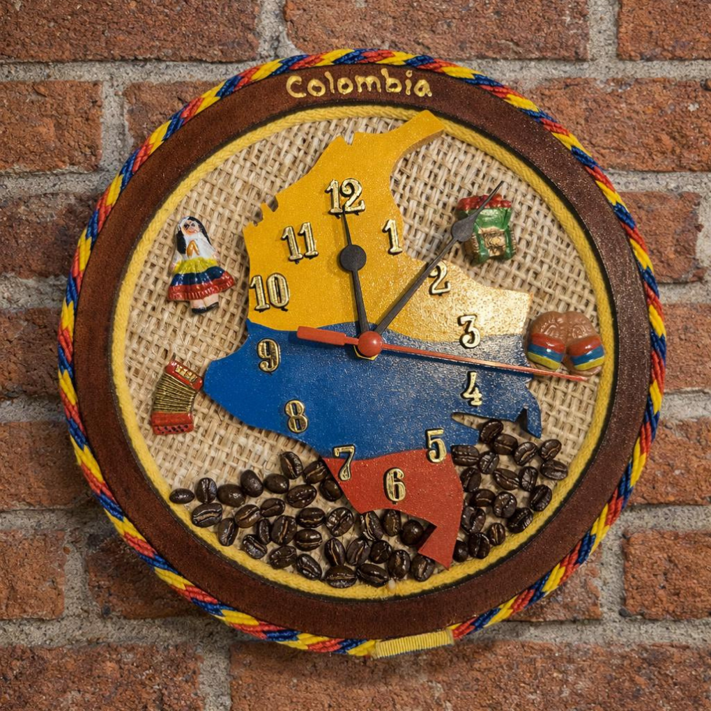 Handmade Colombian wall clock with rustic coffee and Colombia map decor