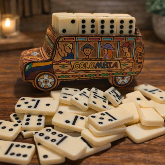 Handmade Colombian Chiva Bus Domino Set | Cultural Travel Game Souvenir