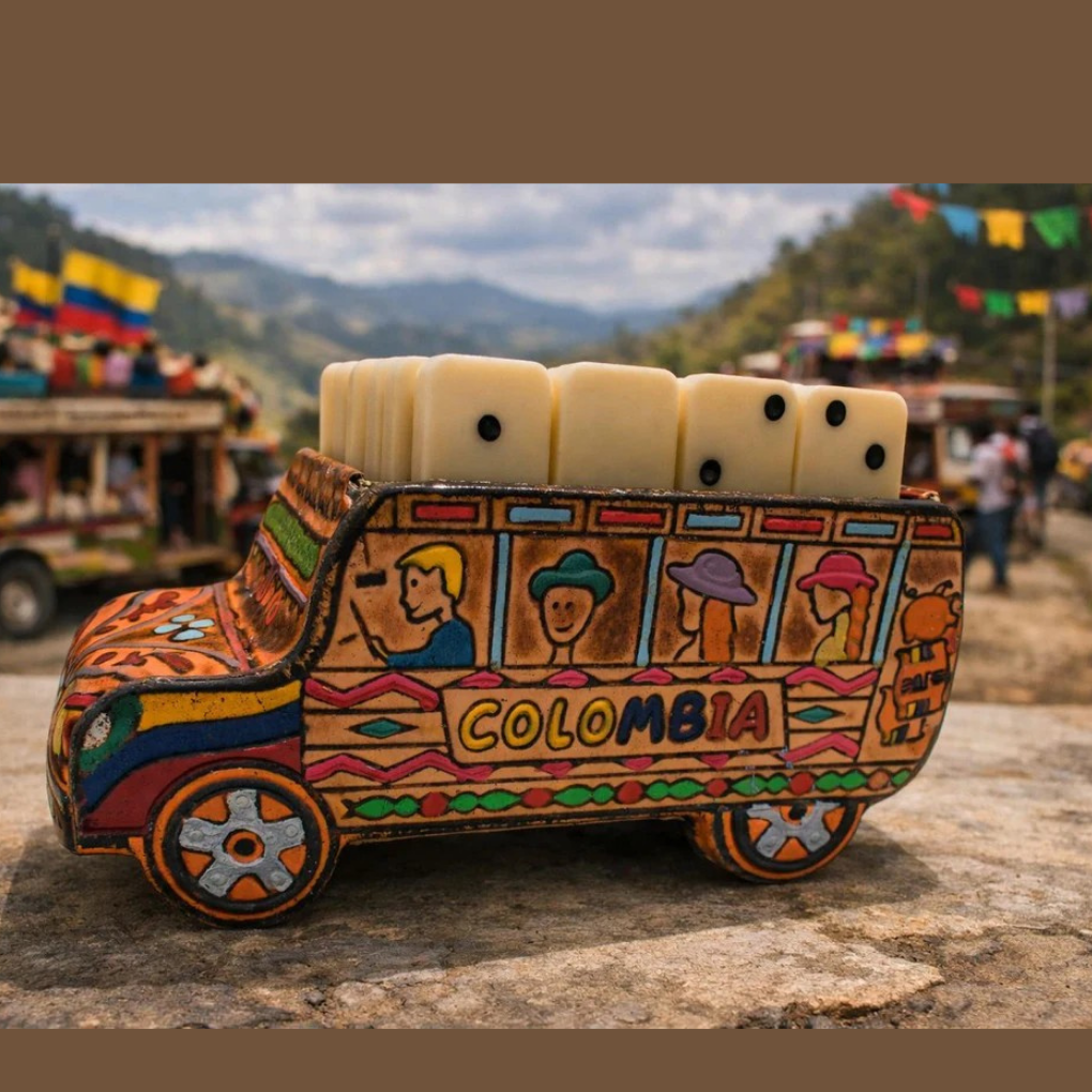 Handmade Colombian Chiva Bus Domino Set | Cultural Travel Game Souvenir