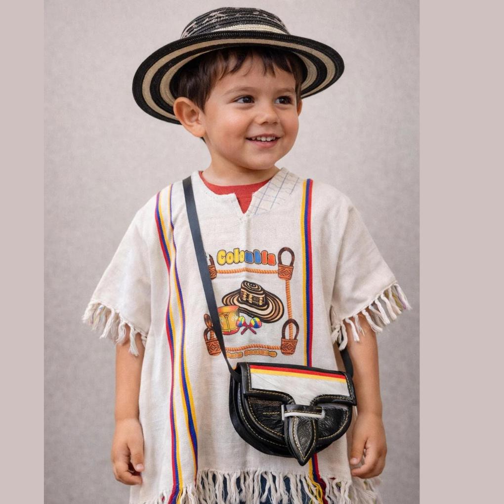 Colombian Kids Costume Outfit | Sombrero Vueltiao Hat Poncho Carriel Set | Hispanic Heritage Costume
