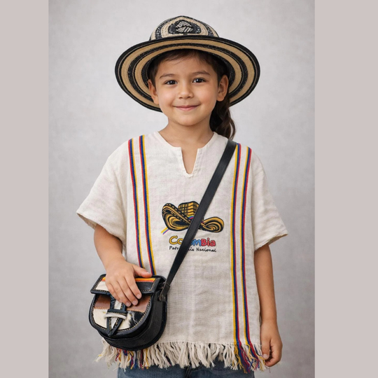 Colombian Kids Costume Outfit | Sombrero Vueltiao Hat Poncho Carriel Set | Hispanic Heritage Costume