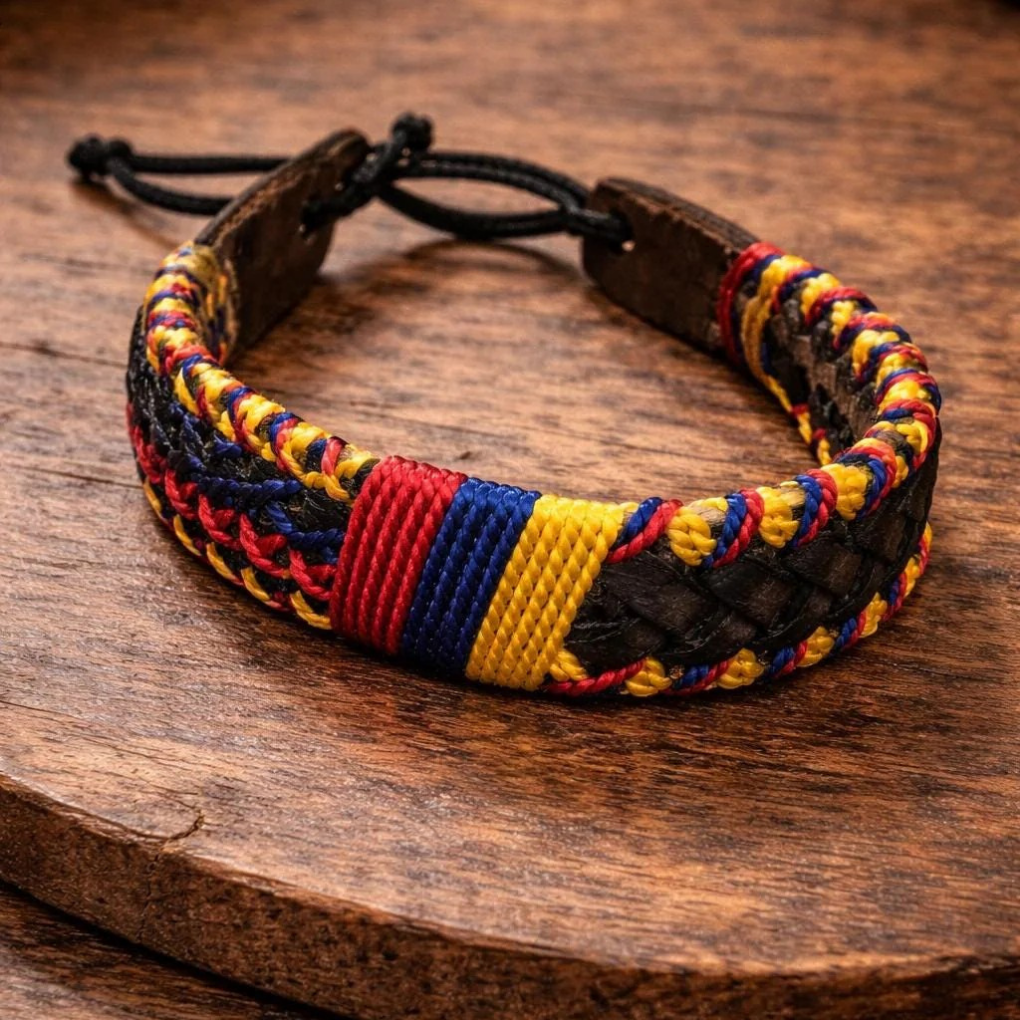 Handmade Colombian Leather Bracelet | Wide Braided Tricolor Artisan Wristband