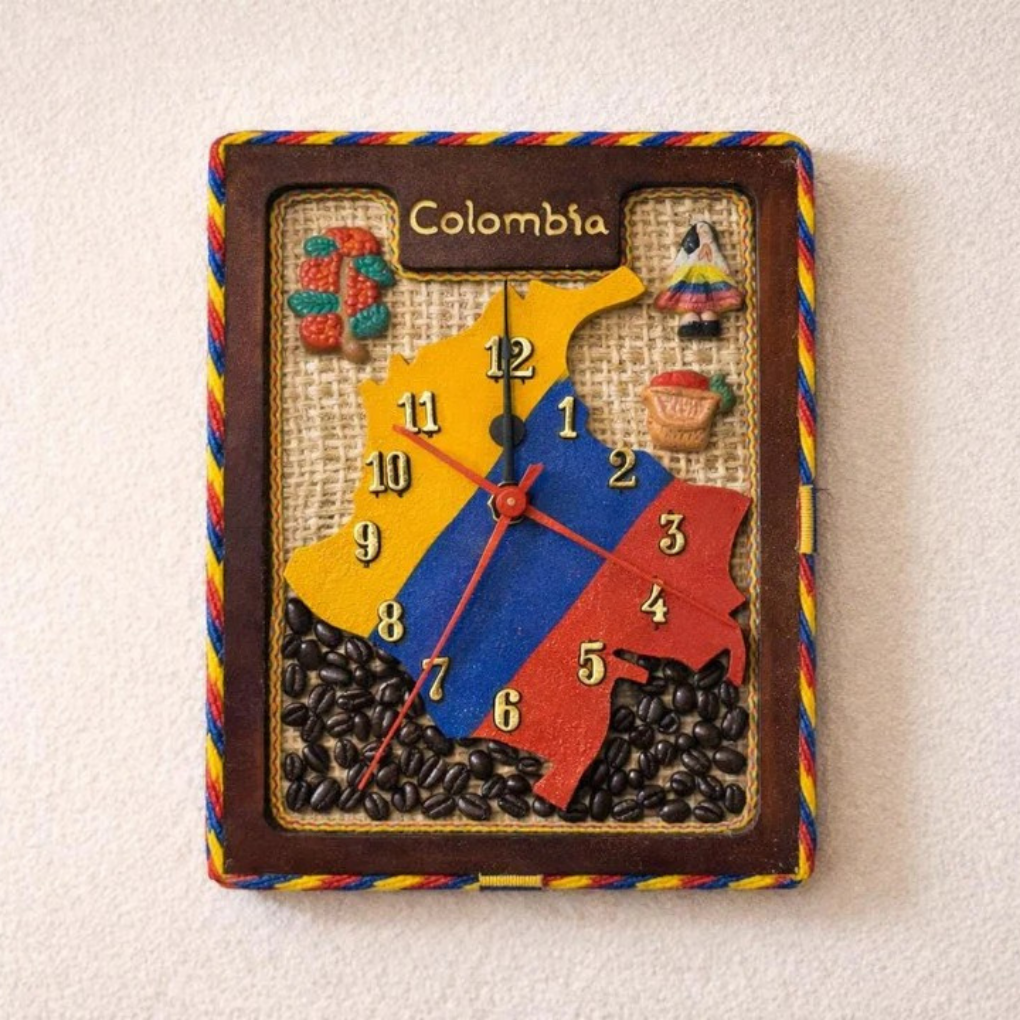 Handmade Colombian wall clock with rustic coffee and Colombia map decor