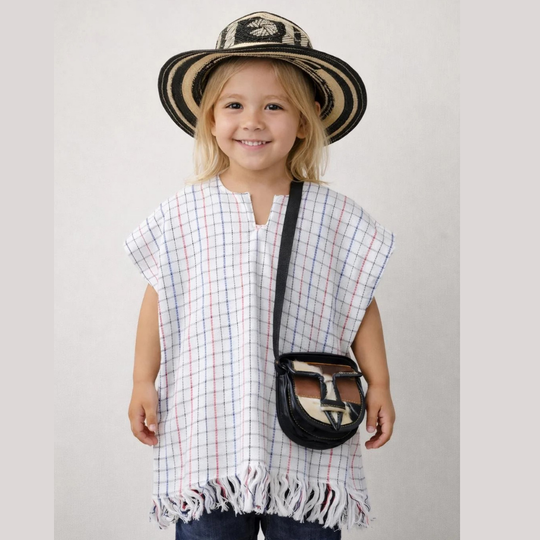 Colombian Kids Costume Outfit | Sombrero Vueltiao Hat Poncho Carriel Set | Hispanic Heritage Costume
